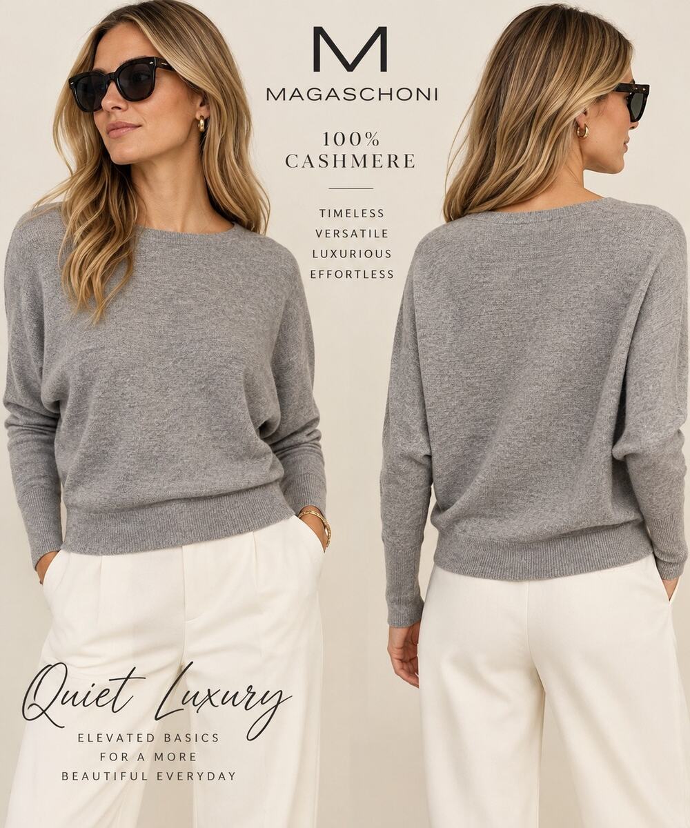 Quiet Luxury Heritage Minimalist M Magaschoni 100% Cashmere Dolman Sweater Gray